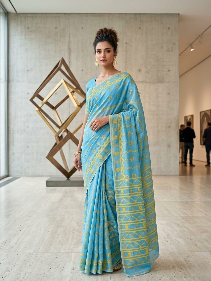Nayan Tara Soft Dhakai Jamdani Saree - Dirty Blue