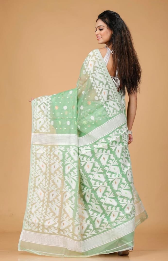 Dusty Green Soft Buti Korat Jamdani Saree With Blouse Piece