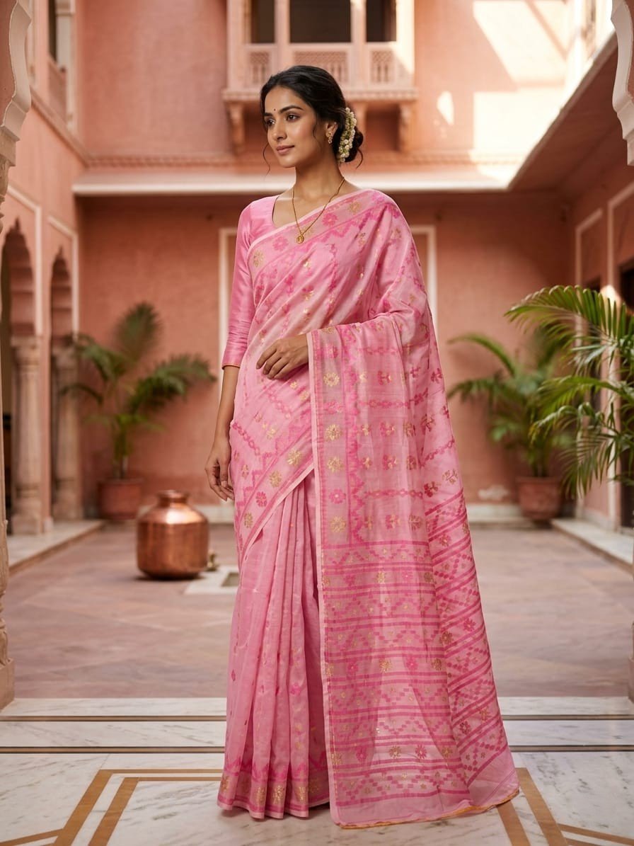 Nayan Tara Soft Dhakai Jamdani Saree - Dusty Pink