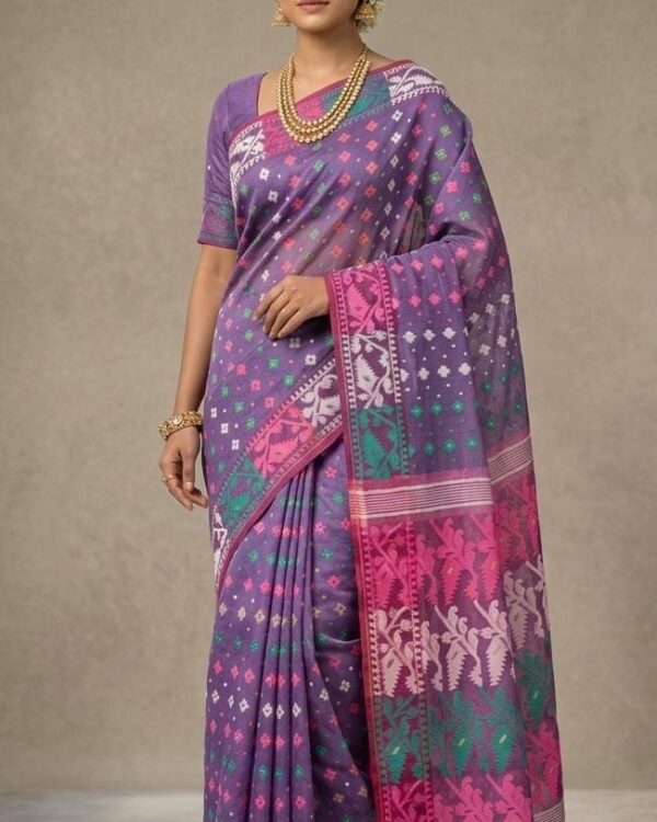 Ashtami Buti Dhakai Jamdani Sari with Blouse Piece - Dusty Purple