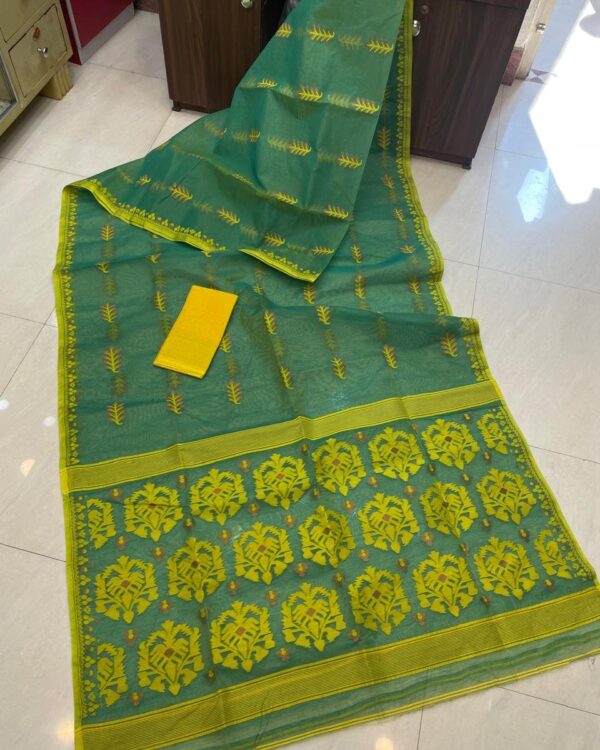 Soft Dhakai Jamdani Saree with Blouse Piece - Green Pea