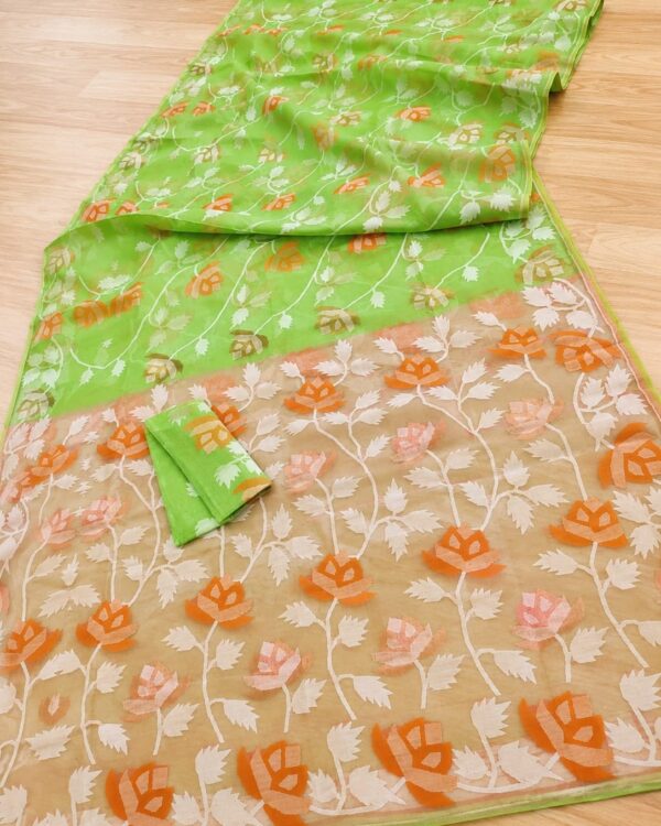 Water Lily Soft Dhakai Jamdani Saree with Blouse Piece - Green Peas