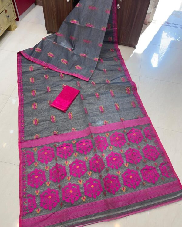 Soft Dhakai Jamdani Saree with Blouse Piece - Grey