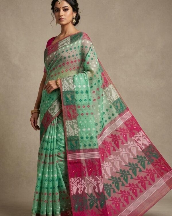 Ashtami Buti Dhakai Jamdani Sari with Blouse Piece - Grey Green