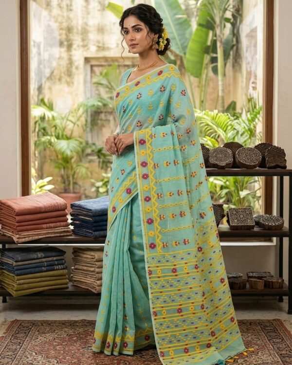 Nayan Tara Soft Dhakai Jamdani Saree - Greyish Teal