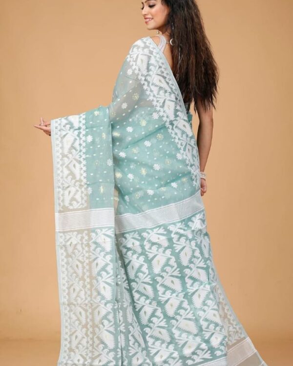 Greyish Teal Soft Buti Korat Jamdani Saree With Blouse Piece