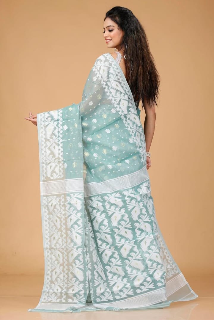 Greyish Teal Soft Buti Korat Jamdani Saree With Blouse Piece