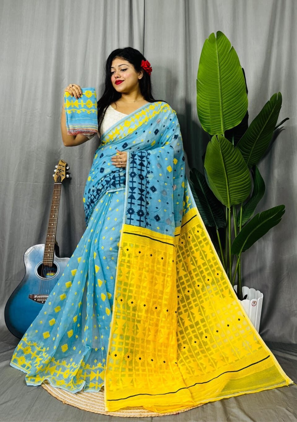 Hippie Blue Soft Ganga Jamuna Jamdani Sari With Blouse Piece