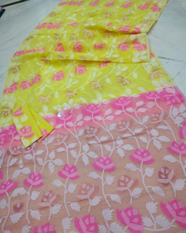 Water Lily Soft Dhakai Jamdani Saree with Blouse Piece - Lemon