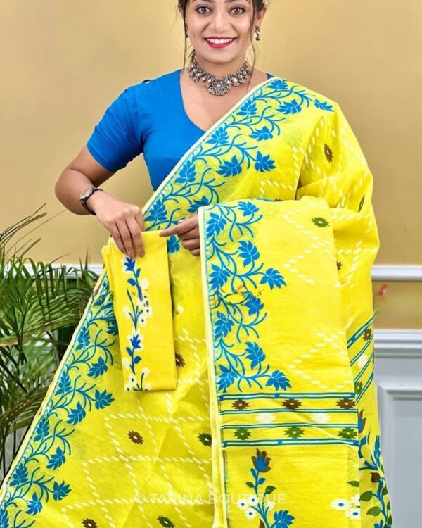 Nayan Tara Soft Dhakai Jamdani Sari with Blouse Piece - Lemon Yellow