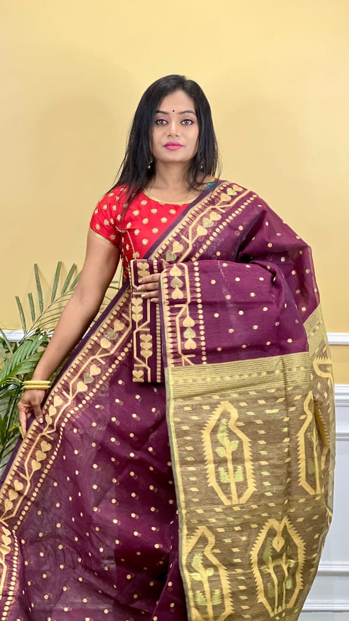 Buti Soft Dhakai Jamdani Saree with Blouse Piece - Maroon