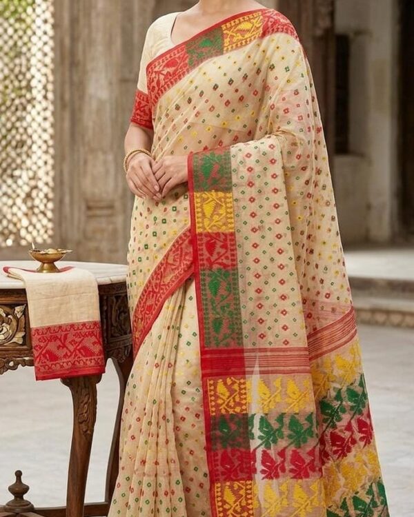 Ashtami Buti Dhakai Jamdani Sari with Blouse Piece - Mushroom