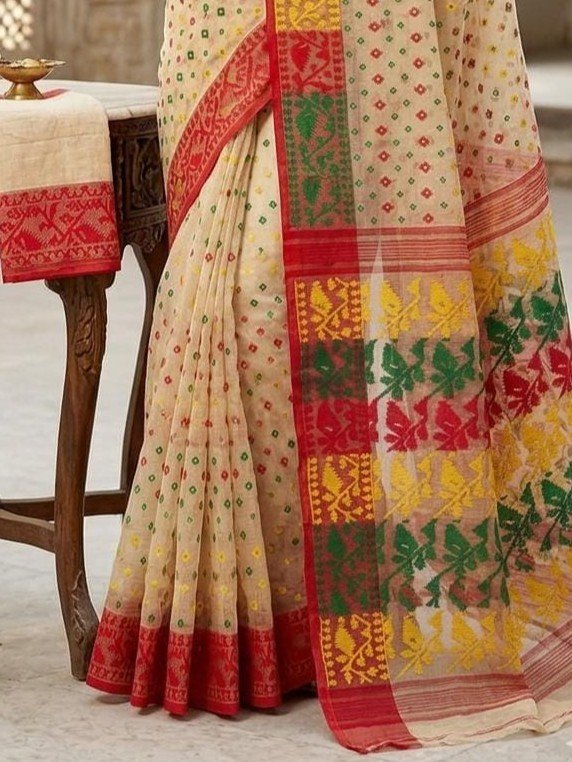 Ashtami Buti Dhakai Jamdani Sari with Blouse Piece - Mushroom - Image 2