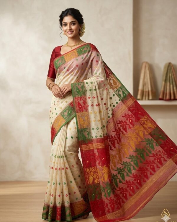 Ashtami Buti Dhakai Jamdani Sari with Blouse Piece - Off White