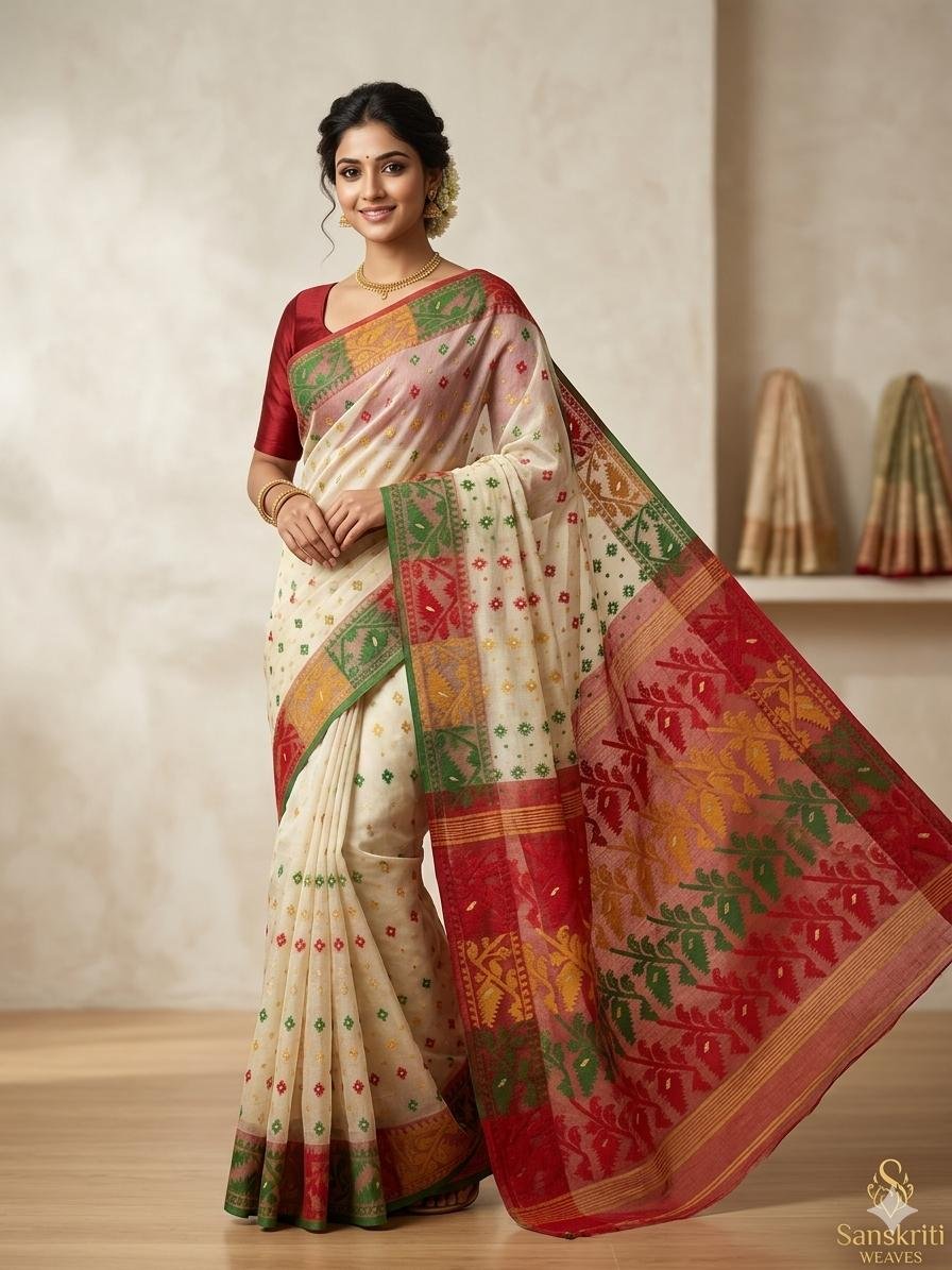 Ashtami Buti Dhakai Jamdani Sari with Blouse Piece - Off White