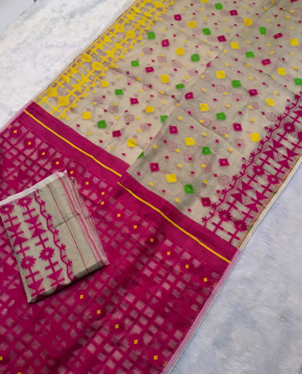 Mushroom Soft Ganga Jamuna Jamdani Sari With Blouse Piece