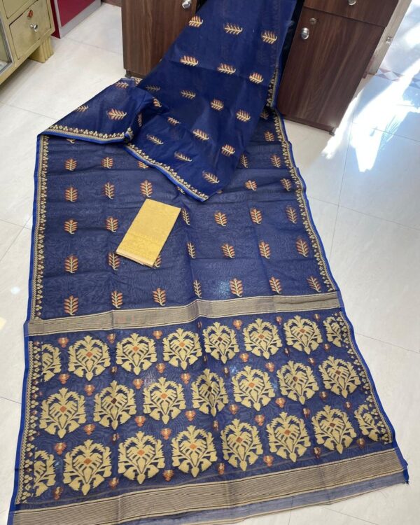 Soft Dhakai Jamdani Saree with Blouse Piece - Navy Blue