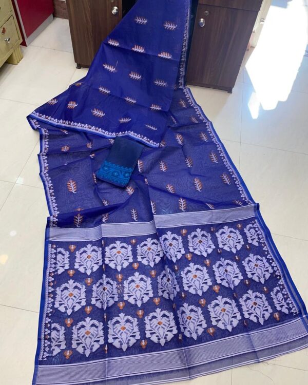 Soft Dhakai Jamdani Saree with Blouse Piece - Navy Blue
