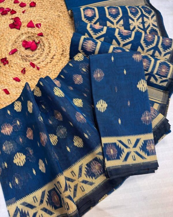 Barfi Buti Soft Dhakai Jamdani Sari with Blouse Piece - Dark Denim Blue