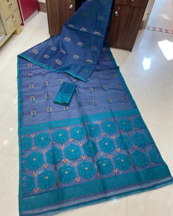 Soft Dhakai Jamdani Saree with Blouse Piece - Nile Blue