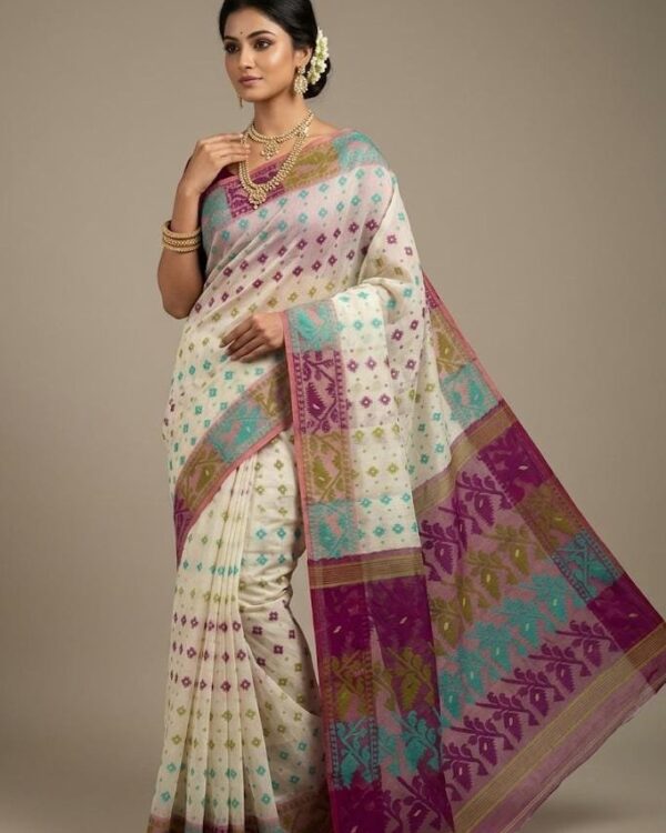 Ashtami Buti Dhakai Jamdani Sari with Blouse Piece - Off White