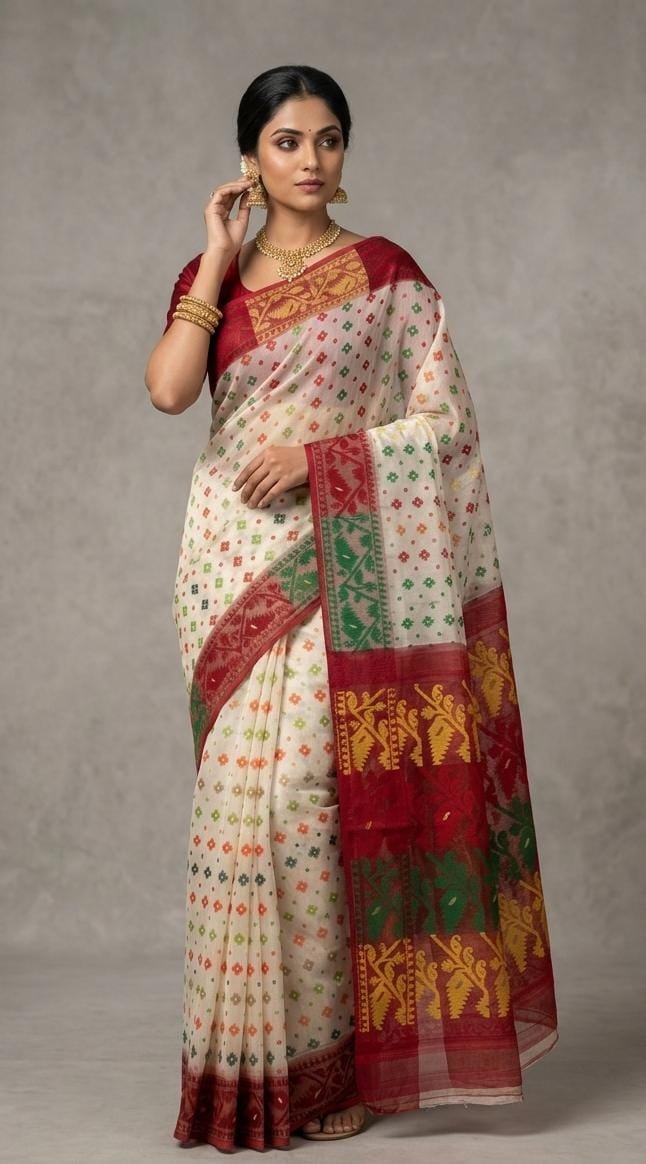 Ashtami Buti Dhakai Jamdani Sari with Blouse Piece - White - Image 2