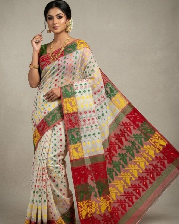 Ashtami Buti Dhakai Jamdani Sari with Blouse Piece - White