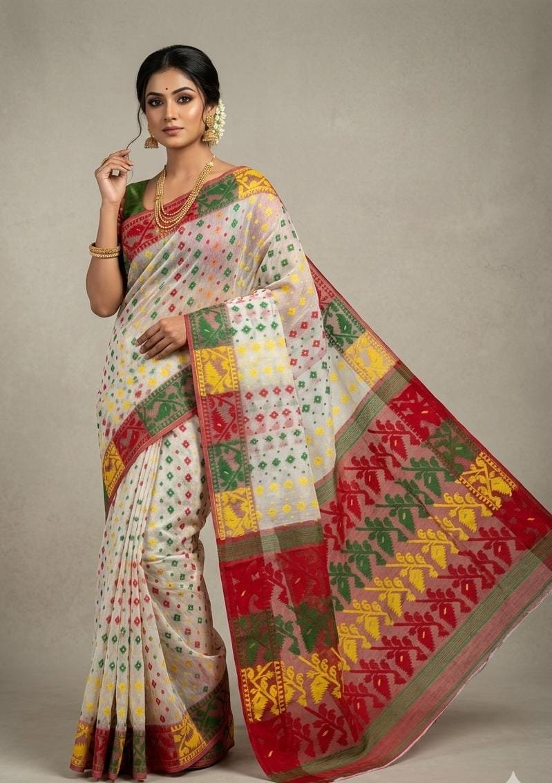 Ashtami Buti Dhakai Jamdani Sari with Blouse Piece - White