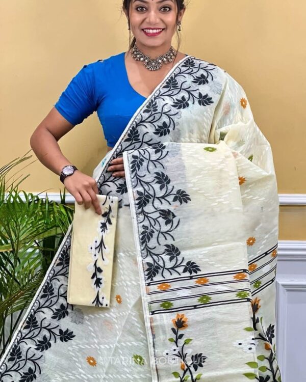 Nayan Tara Soft Dhakai Jamdani Sari with Blouse Piece - Off White