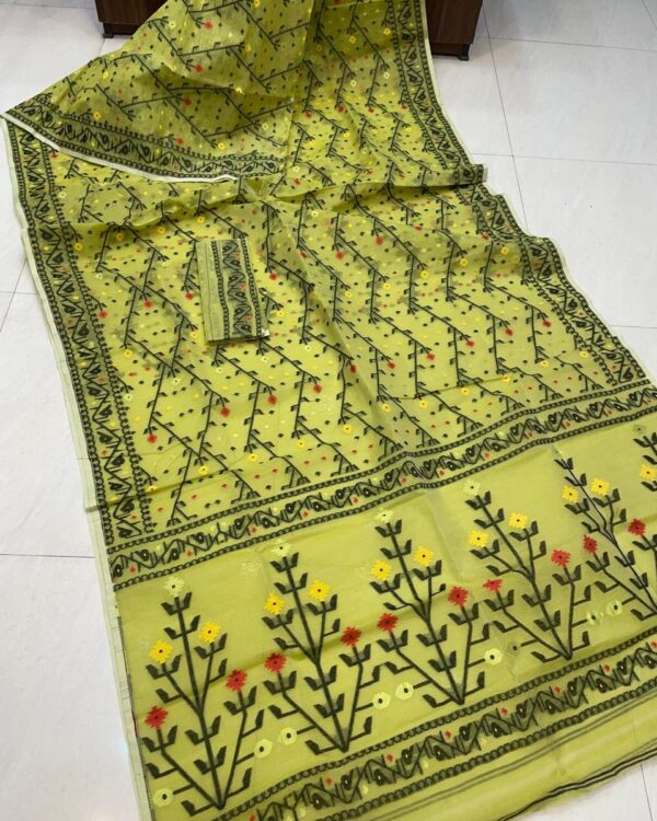 Shiuli Dhakai Jamdani Sari with Blouse Piece - Olive Green
