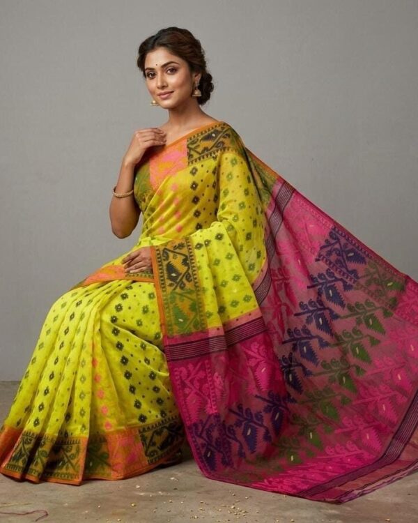 Ashtami Buti Dhakai Jamdani Sari with Blouse Piece - Olive Yellow