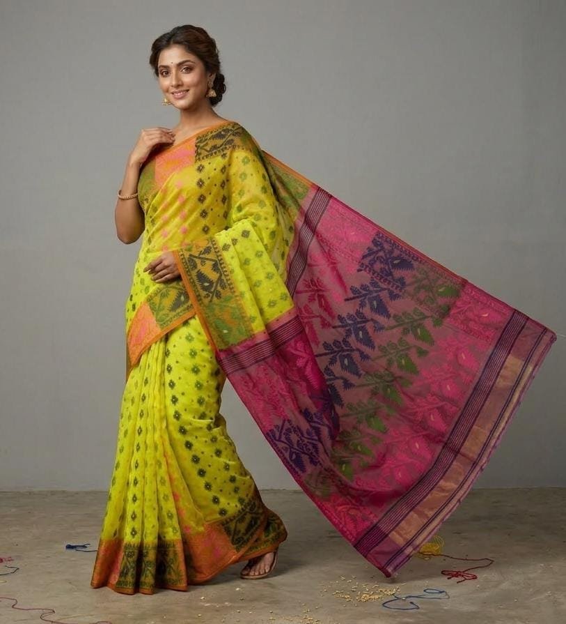 Ashtami Buti Dhakai Jamdani Sari with Blouse Piece - Olive Yellow - Image 2