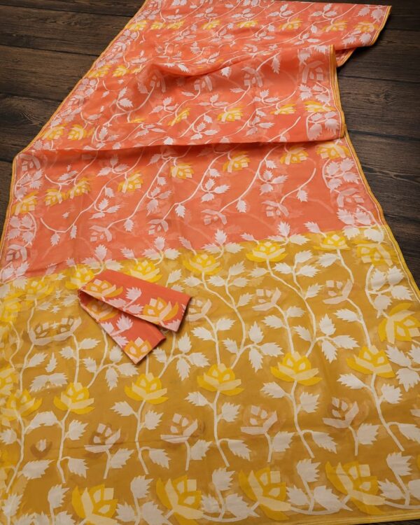 Water Lily Soft Dhakai Jamdani Saree with Blouse Piece - Orange Salmon