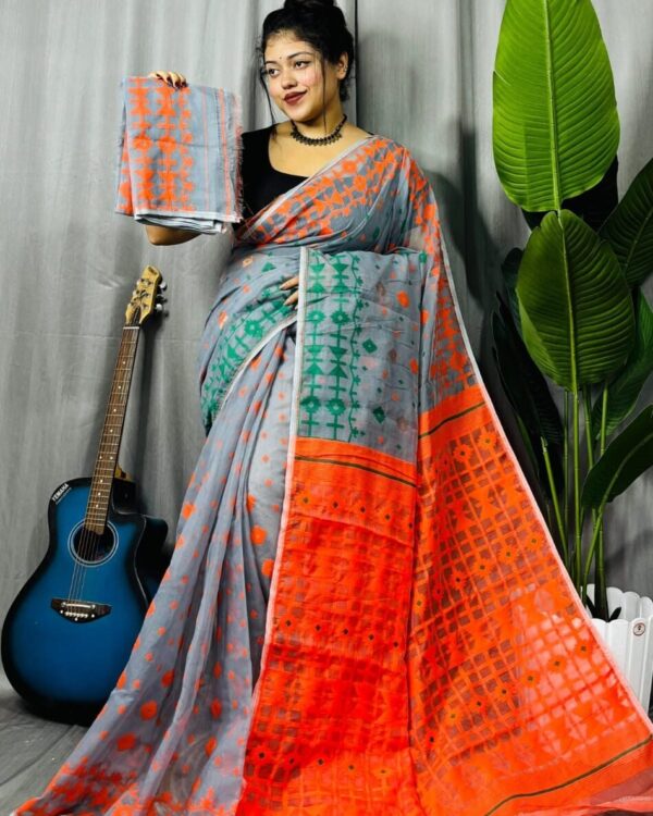 Oslo Grey Soft Ganga Jamuna Jamdani Sari With Blouse Piece