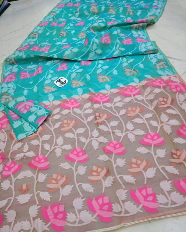 Water Lily Soft Dhakai Jamdani Saree with Blouse Piece - Pacific Blue