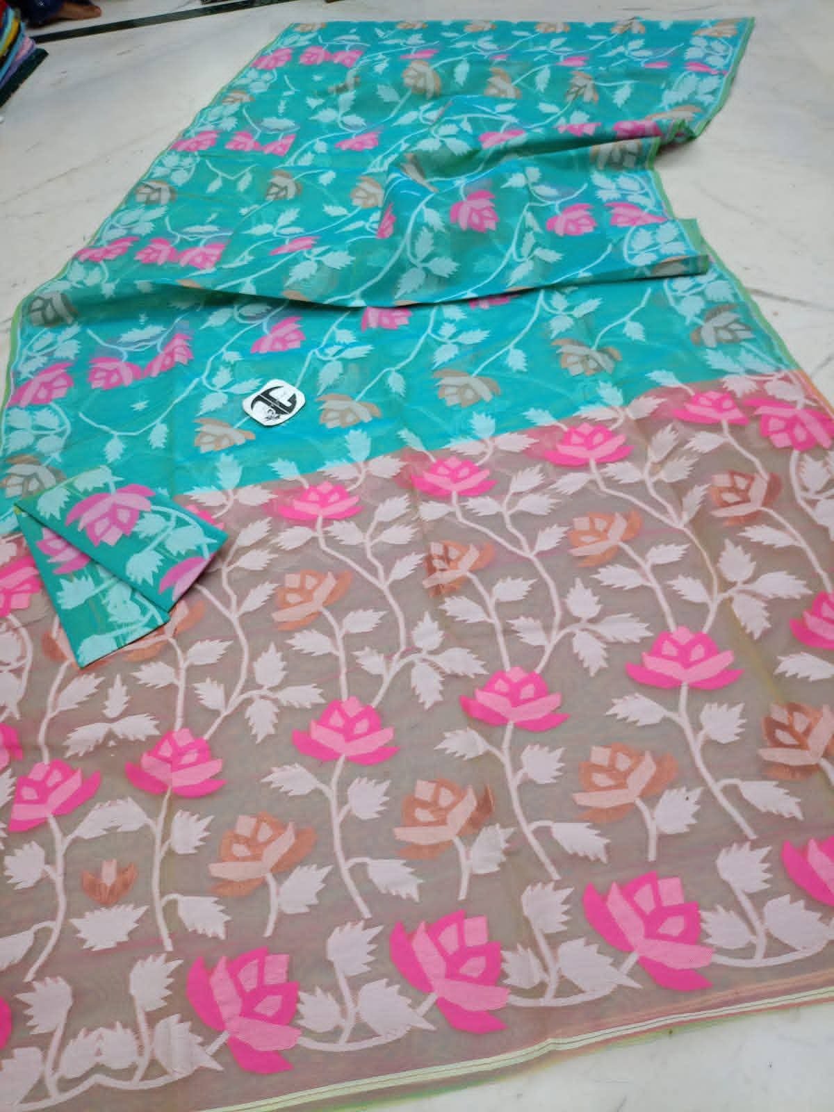 Water Lily Soft Dhakai Jamdani Saree with Blouse Piece - Pacific Blue
