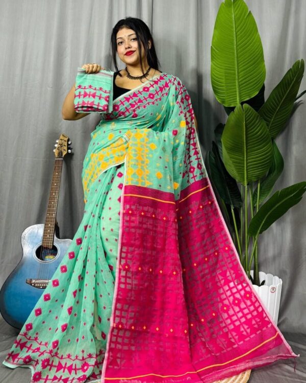 Pale Teal Soft Ganga Jamuna Jamdani Sari With Blouse Piece