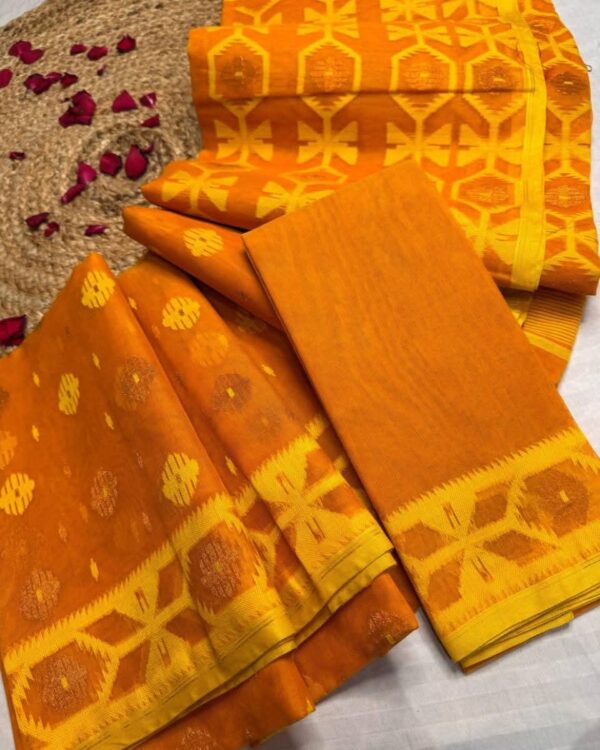 Barfi Buti Soft Dhakai Jamdani Sari with Blouse Piece - Papaya Orange