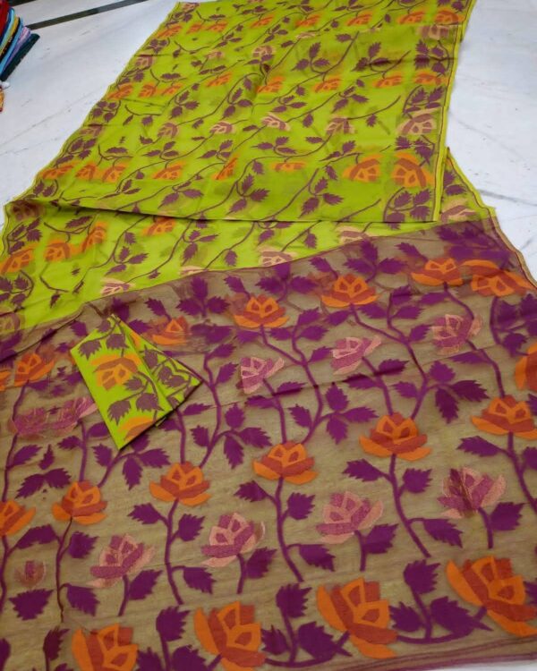 Water Lily Soft Dhakai Jamdani Saree with Blouse Piece - Pea Green