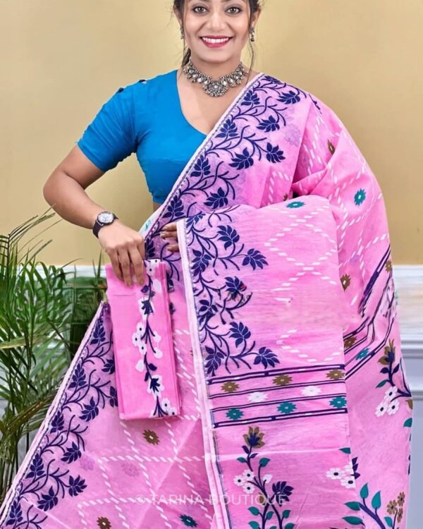 Nayan Tara Soft Dhakai Jamdani Sari with Blouse Piece - Persian Pink