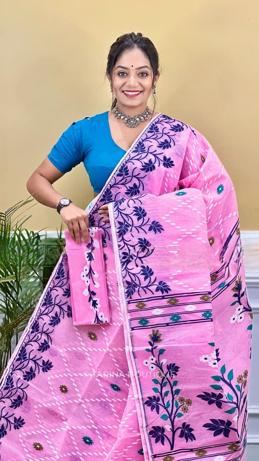 Nayan Tara Soft Dhakai Jamdani Sari with Blouse Piece - Persian Pink