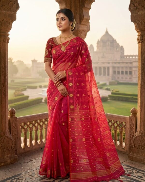 Nayan Tara Soft Dhakai Jamdani Saree - Pinkish Red