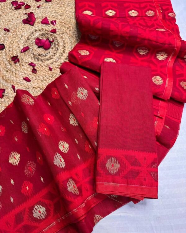 Barfi Buti Soft Dhakai Jamdani Sari with Blouse Piece - Pinkish Red
