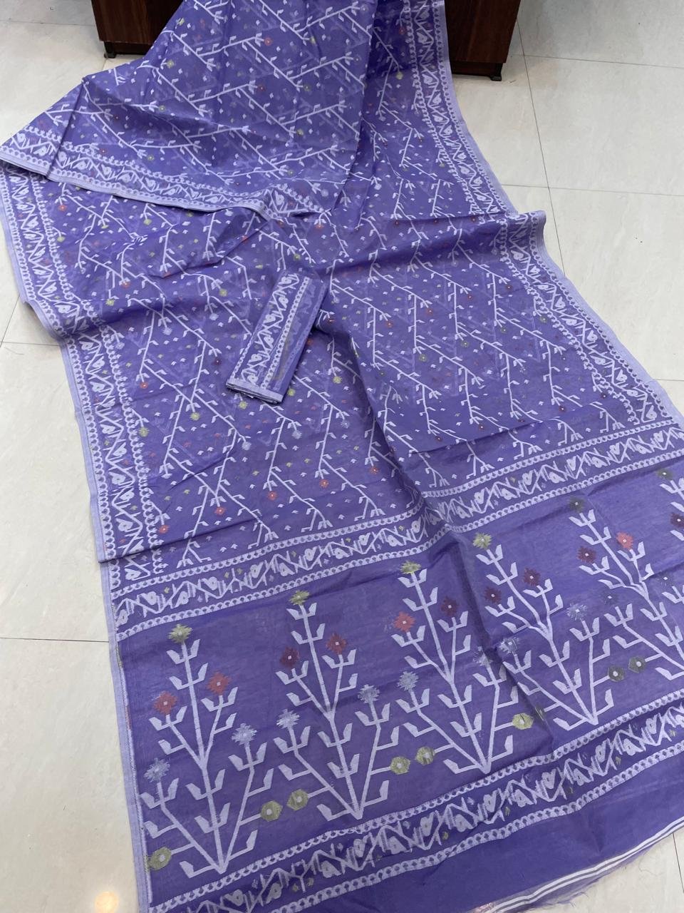 Shiuli Dhakai Jamdani Sari with Blouse Piece - Purple Blue