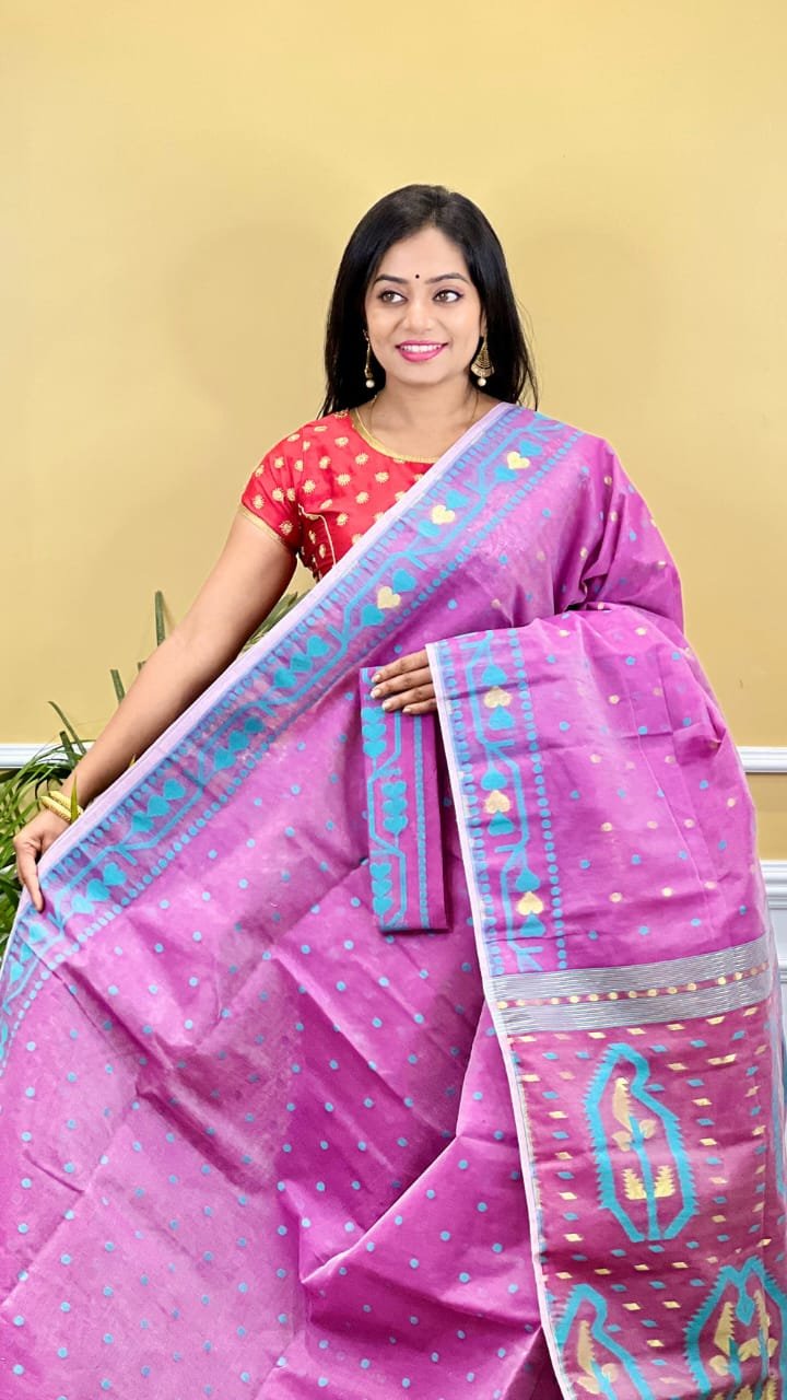 Buti Soft Dhakai Jamdani Saree with Blouse Piece - Purplish Pink