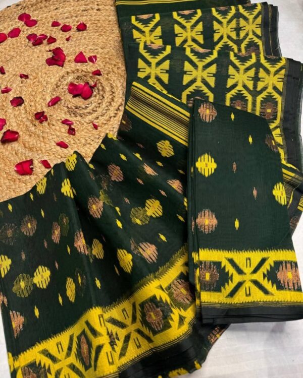 Barfi Buti Soft Dhakai Jamdani Sari with Blouse Piece - Bottle Green
