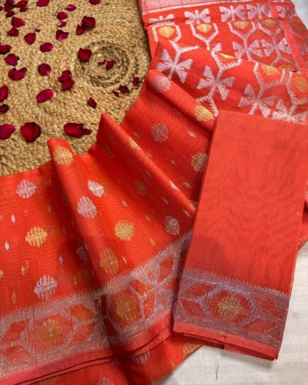 Barfi Buti Soft Dhakai Jamdani Sari with Blouse Piece - Orange Red