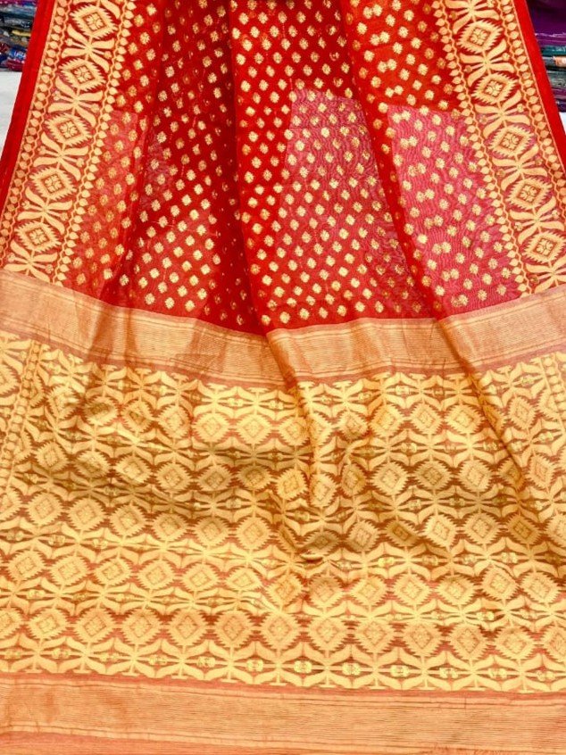 Barfi Soft Dhakai Jamdani Sari with Blouse Piece - Red - Image 2