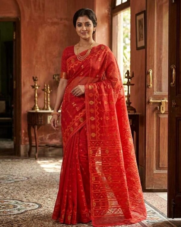 Nayan Tara Soft Dhakai Jamdani Saree - Red