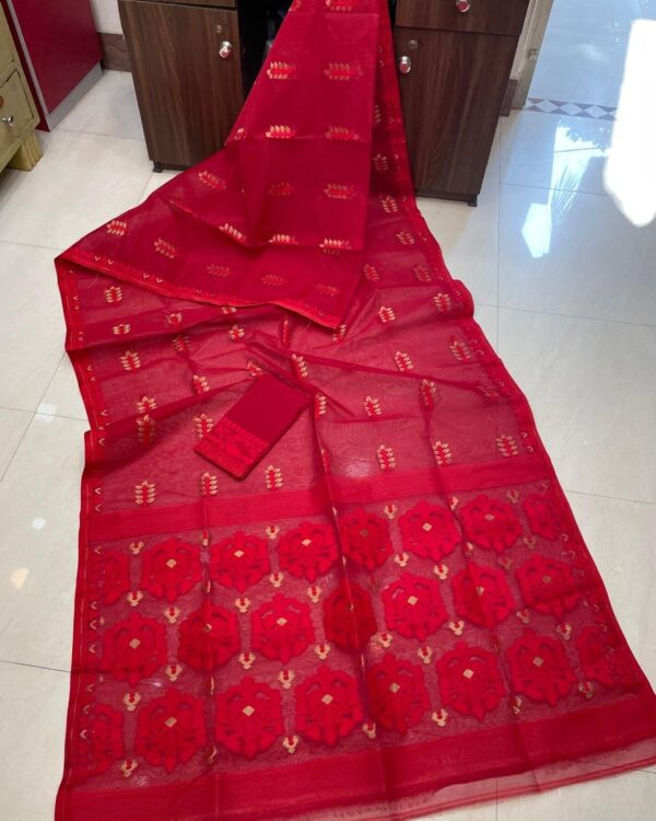 Soft Dhakai Jamdani Saree with Blouse Piece - Red